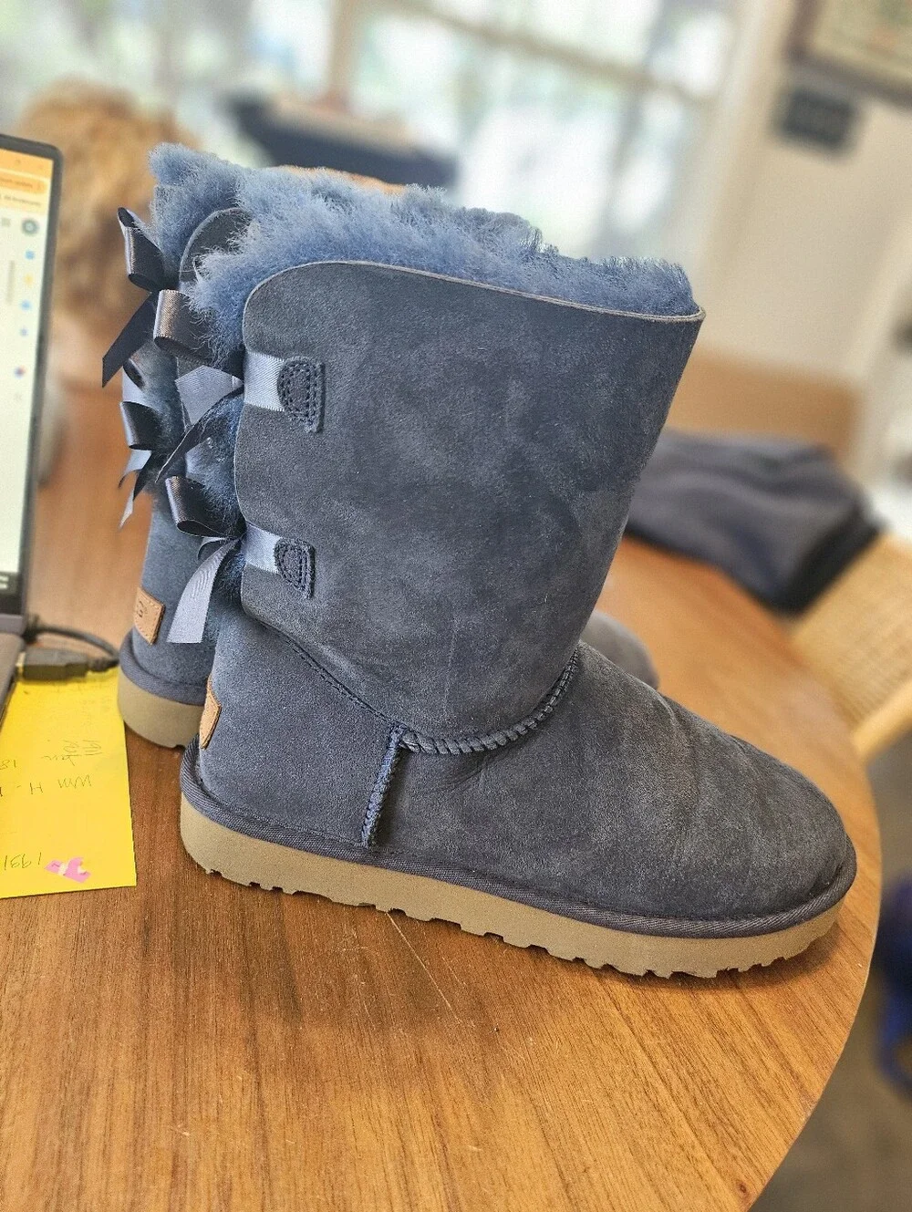 UGG Bailey Bows Women's Suede Cozy Winter Fur Boots - Gray Blue Size 9